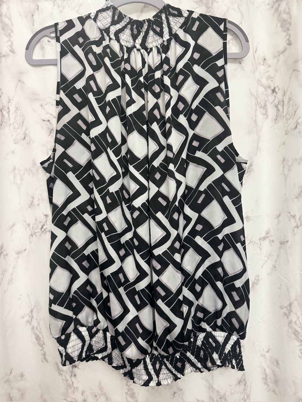Agora Black & White Geometric Smocked Neck Sleeveless Top and Waistband
